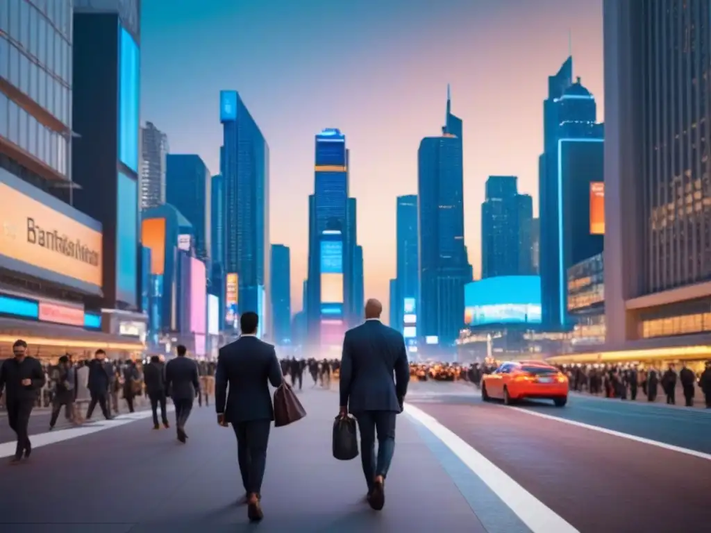 Metrópolis nocturna: vibrante y futurista Vibrante metrópolis nocturna con moderna arquitectura y bullicio de gente, reflejando un mercado inmobiliario próspero