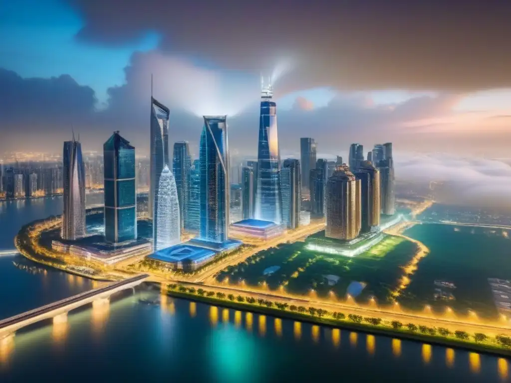 Metrópolis vibrante: Oportunidades inmobiliarias internacionales Vibrante metrópolis nocturna con rascacielos iluminados, simbolizando oportunidades inversión mercado inmobiliario internacionales