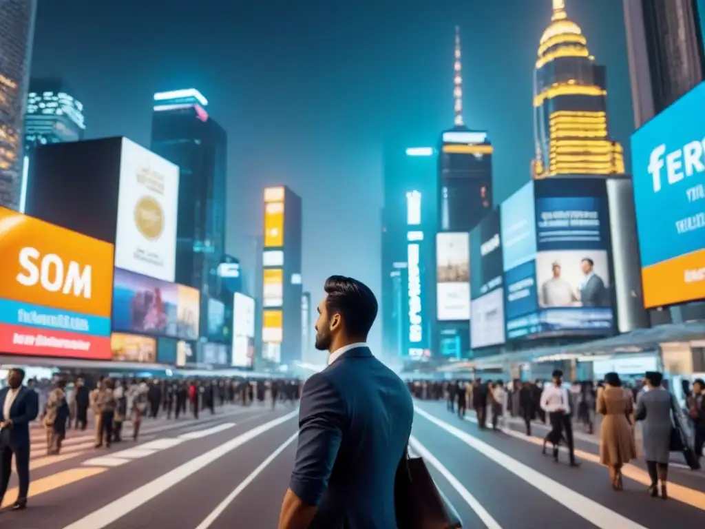 Oportunidades de inversión inmobiliaria en metrópolis futurista Vibrante metrópolis nocturna con rascacielos iluminados y vallas digitales mostrando oportunidades de inversión inmobiliaria