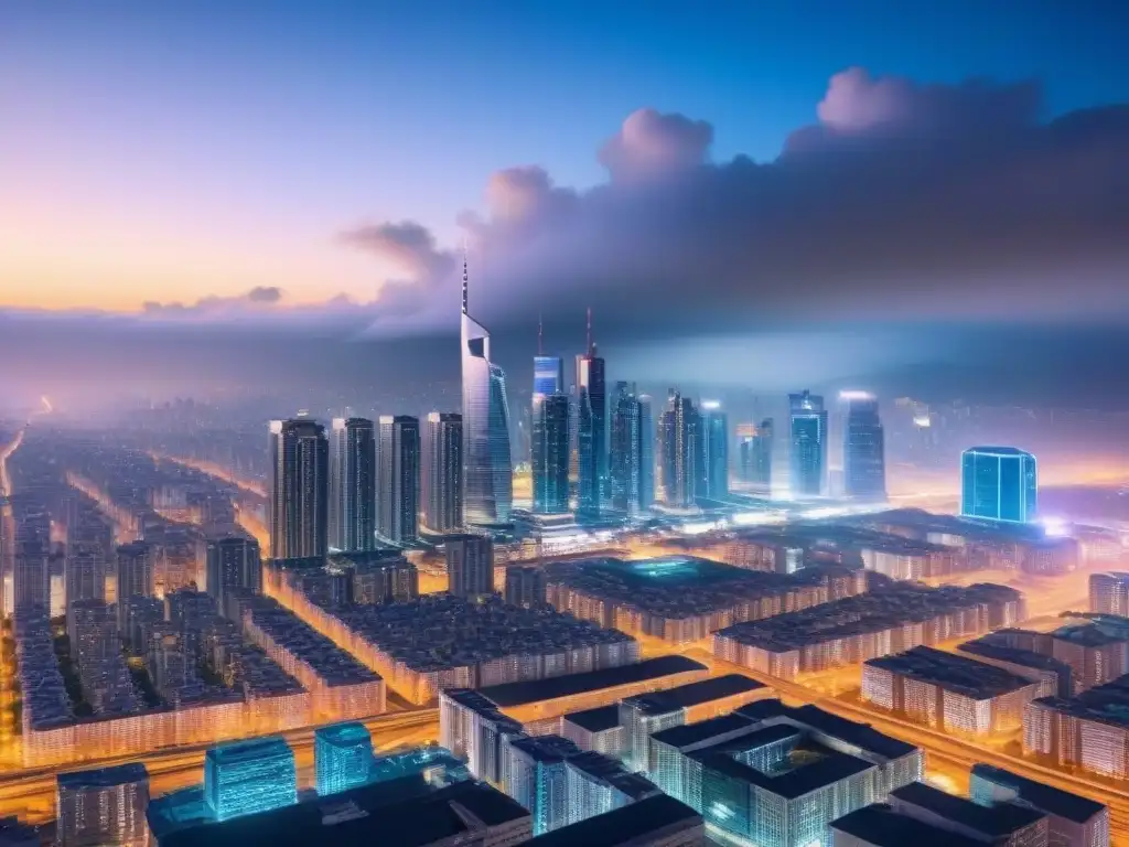 Metrópolis nocturna: luces futuristas en rascacielos 8k Vibrante cityscape nocturno con rascacielos futuristas iluminados