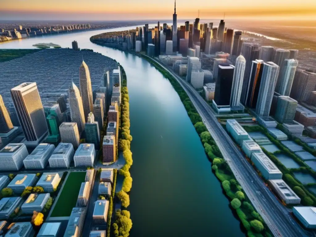 Metrópolis vibrante de América del Norte al atardecer Vibrante metrópolis norteamericana con rascacielos, calles concurridas y parques, bañada por la luz dorada del atardecer
