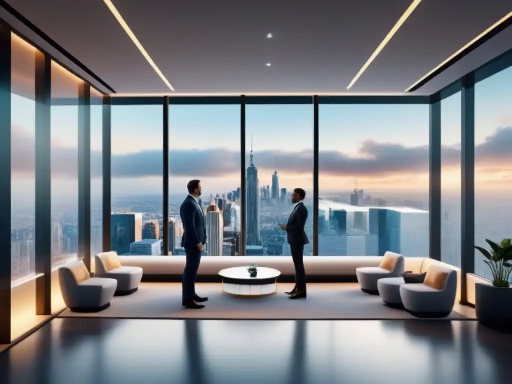 Lobby futurista de oficina inmobiliaria en 8k Vibrante oficina inmobiliaria futurista con tecnología avanzada y profesionales diversificados