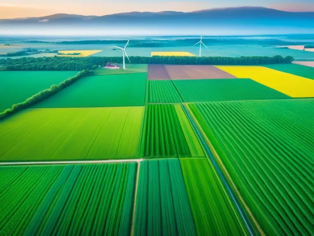 Campo verde y tecnología: desarrollo rural innovador en Norteamérica Vibrante paisaje rural en Norteamérica con granjas sostenibles y molinos de viento, atrayendo inversionistas internacionales