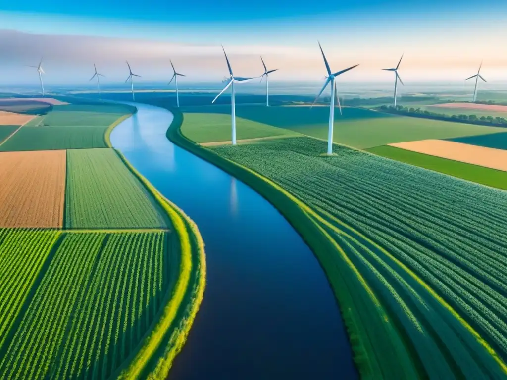 Horizonte rural: campos verdes y molinos eólicos Vibrante paisaje rural en Norteamérica con molinos eólicos modernos, río sereno y cultivos variados