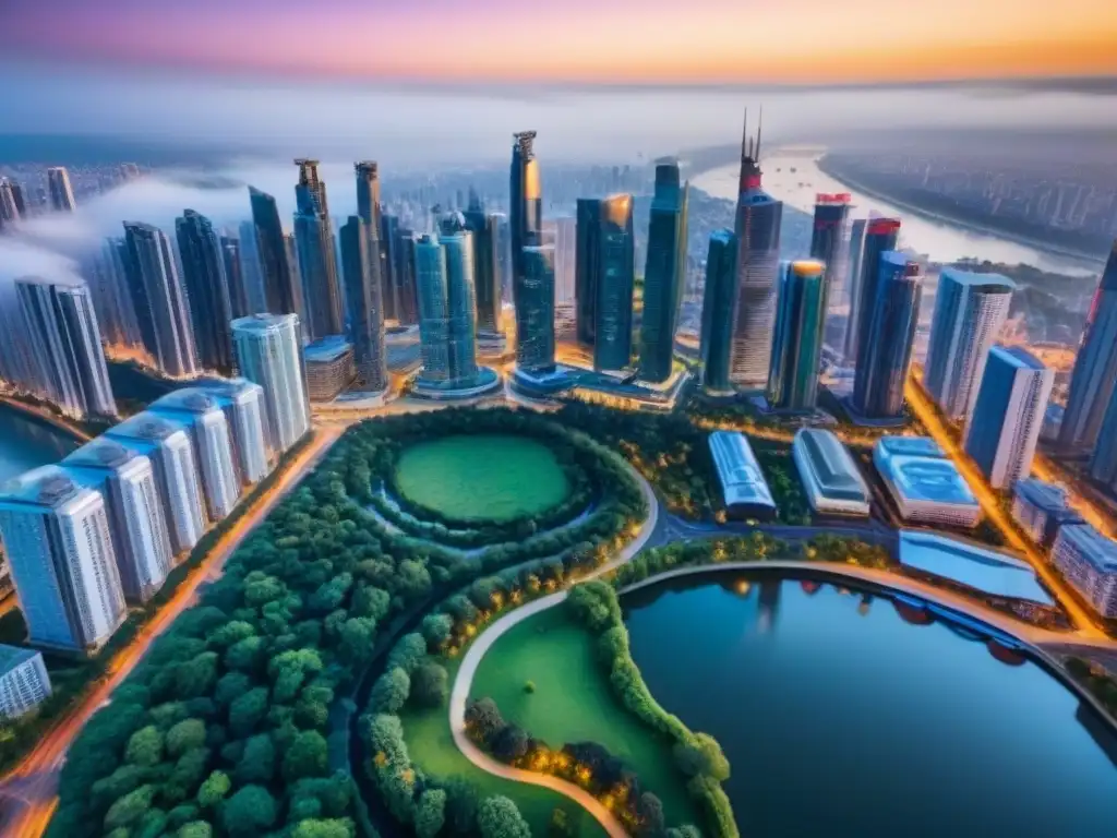 Vibrante panorama urbano: arquitectura moderna en metrópolis global Un vibrante paisaje urbano con arquitectura moderna y naturaleza, reflejando el mercado inmobiliario internacional personalizado