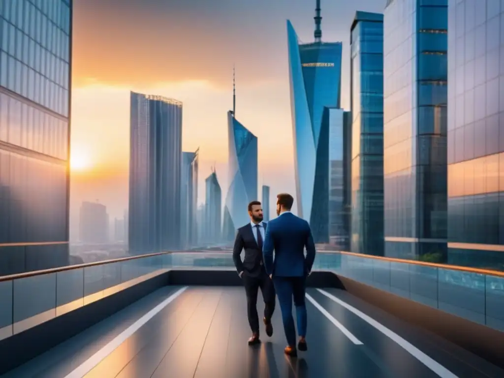 Vibrante ciudad europea al atardecer: modernidad y oportunidad de inversión Un vibrante paisaje urbano en Europa del Este con arquitectura moderna e histórica, personas de negocios y gráficos financieros