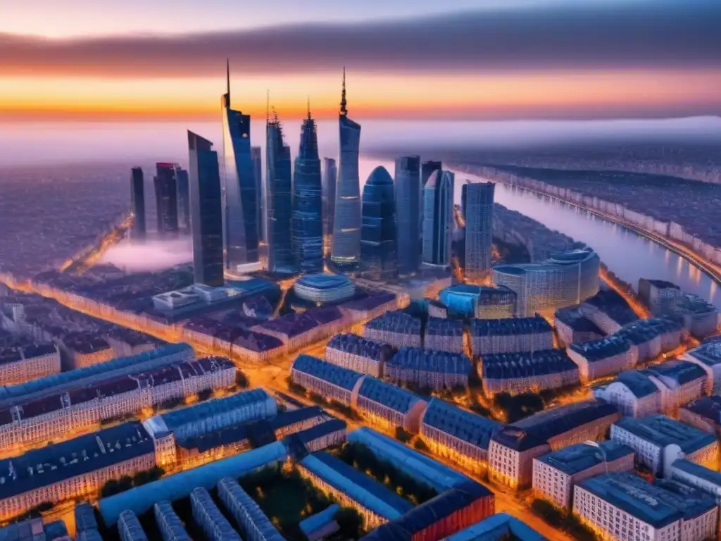 Horizonte urbano de Europa del Este: fusión histórica y moderna Vibrante paisaje urbano en Europa del Este con arquitectura histórica y rascacielos modernos al atardecer