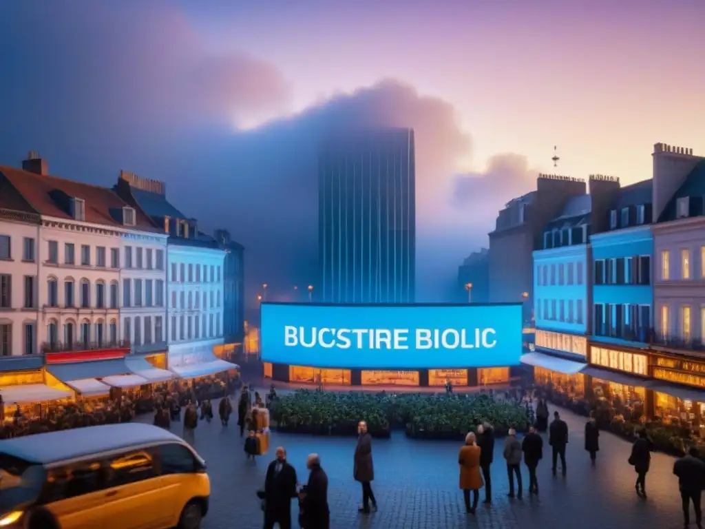 Plaza digital: Fusión urbana histórica y moderna en 8k Un vibrante paisaje urbano fusionando arquitectura histórica y vanguardistas herramientas digitales mercado inmobiliario internacional