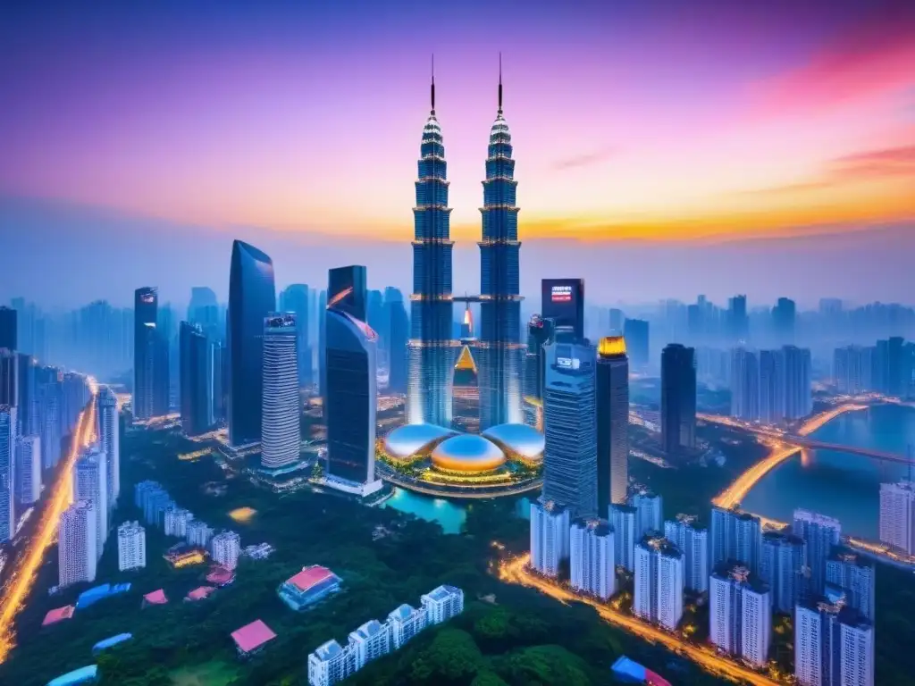 Horizonte urbano asiático: luces y oportunidades Un vibrante paisaje urbano asiático bajo la puesta de sol, reflejando progreso y oportunidades con hipotecas para extranjeros en Asia
