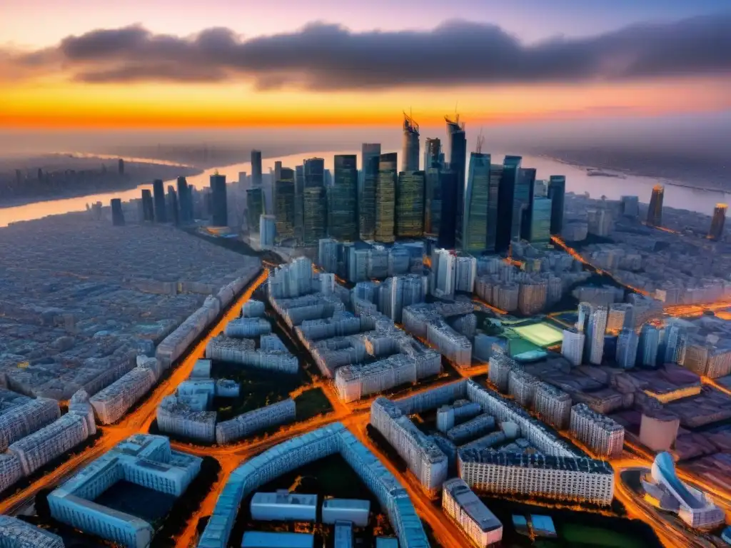 Metrópolis dorada: vista aérea detallada de una ciudad moderna al atardecer Un vibrante paisaje urbano al atardecer, reflejando el brillo dorado del sol, ideal para consejos de inversiones inmobiliarias internacionales