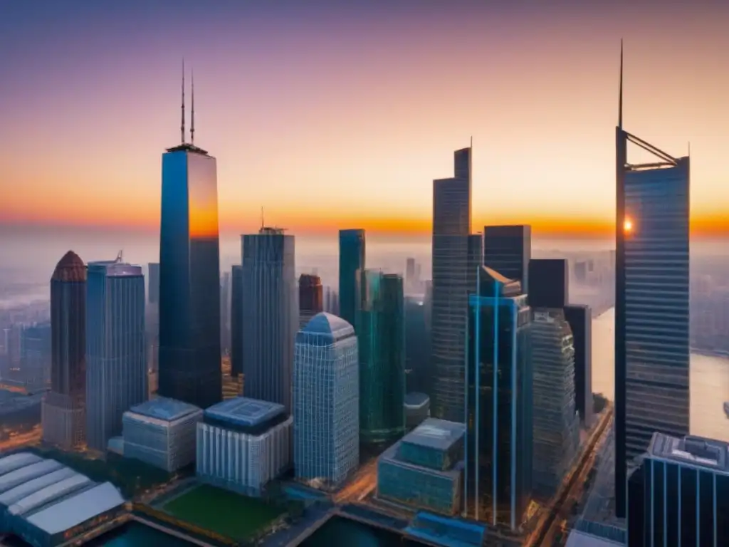 Horizonte urbano al atardecer: megafusiones inmobiliarias Un vibrante paisaje urbano al atardecer con rascacielos iluminados por el sol, reflejando el ambiente competitivo de fusiones inmobiliarias