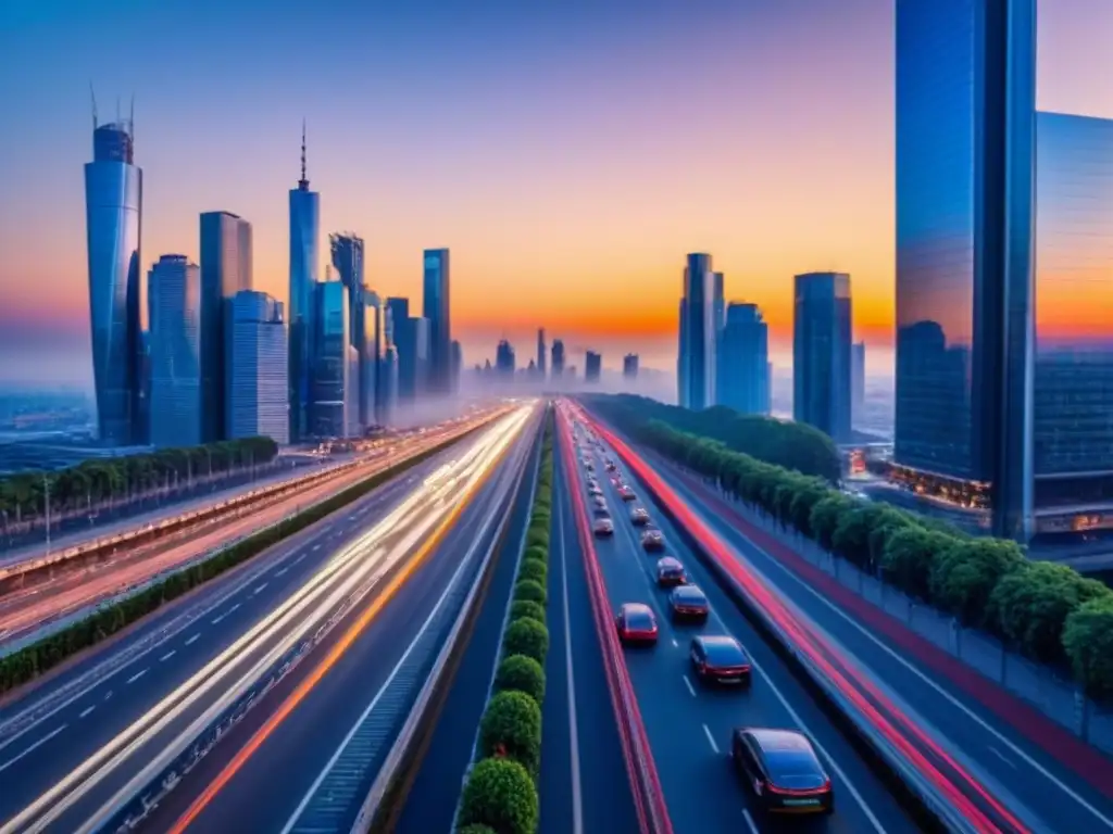 Inversión inmobiliaria global: ciudad moderna al atardecer Vibrante paisaje urbano al atardecer con rascacielos modernos y autopistas llenas de autos, iluminado por el cálido sol poniente