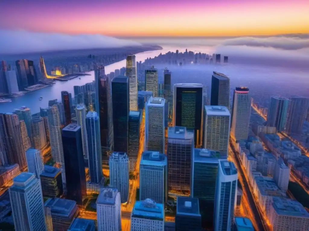 Horizonte urbano al atardecer: inversión inmobiliaria tras la crisis Vibrante paisaje urbano al atardecer, con rascacielos modernos y calles llenas de gente y tráfico, simbolizando las inversiones inmobiliarias postcrisis globales