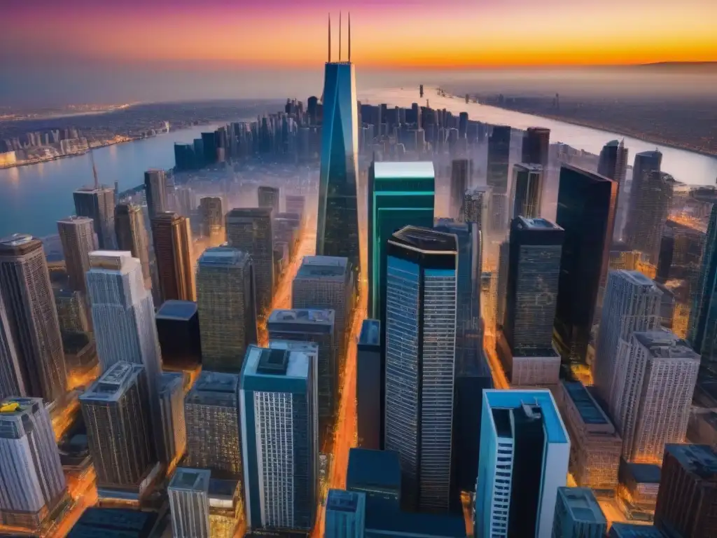 Horizonte urbano al atardecer: mercado inmobiliario vibrante Un vibrante paisaje urbano al atardecer, reflejando el éxito del mercado inmobiliario