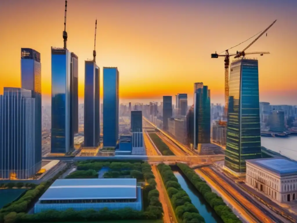 Horizonte urbano al atardecer: crecimiento y diversidad en la ciudad Un vibrante paisaje urbano al atardecer, con modernos rascacielos y gente diversa