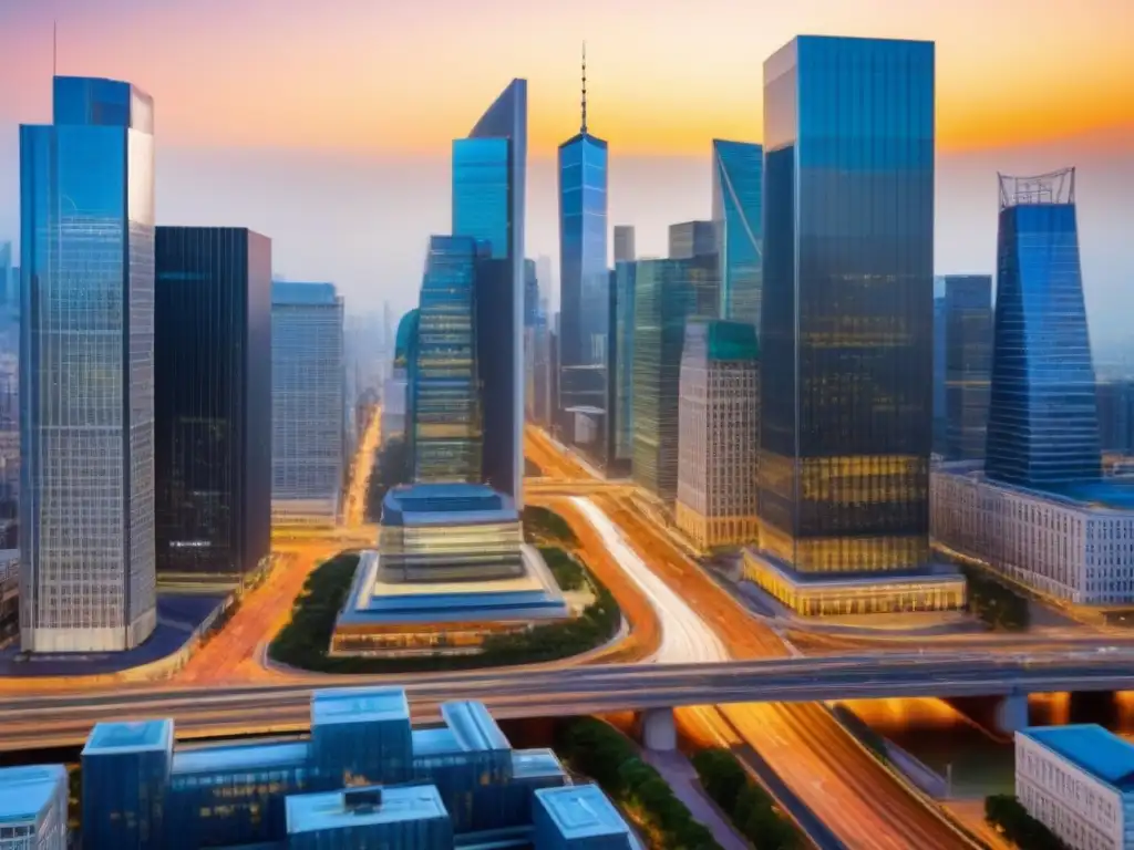 Amanecer cosmopolita: distrito financiero en el crepúsculo Un vibrante paisaje urbano al atardecer con un distrito financiero moderno iluminado y calles llenas de autos y profesionales