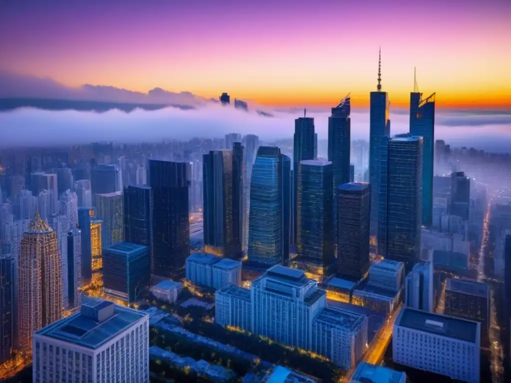 Inversión inmobiliaria: metrópolis dorada al atardecer Un vibrante paisaje urbano al atardecer, con rascacielos iluminados en tonos dorados