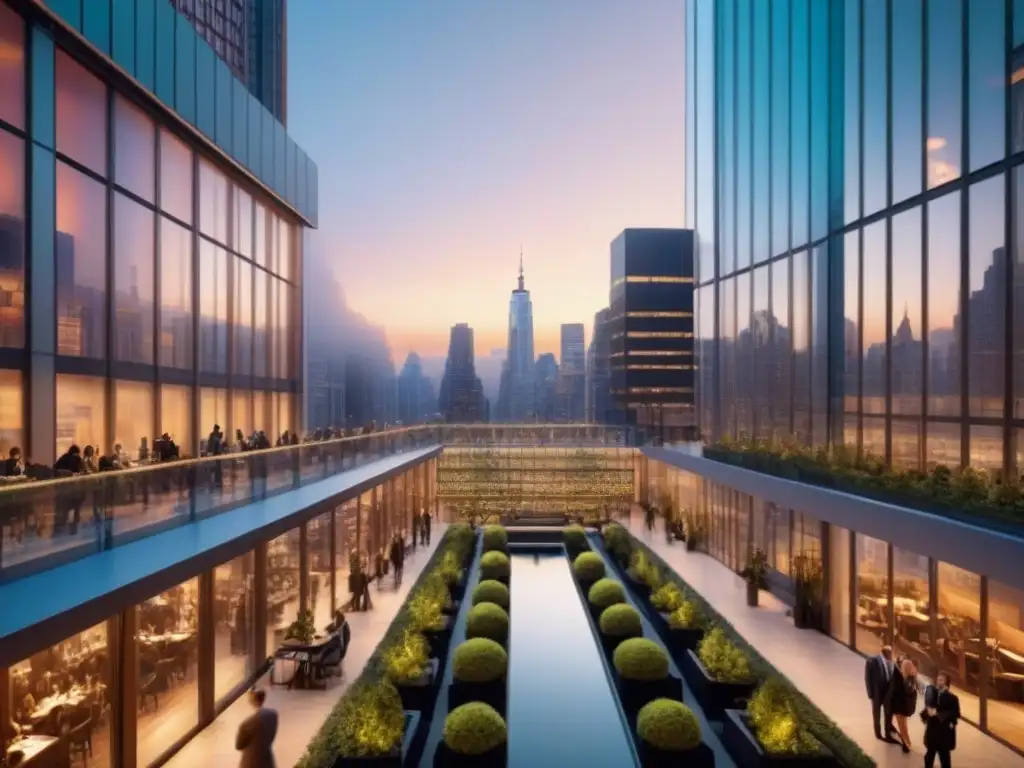 Coworking moderno en metrópolis vibrante Un vibrante paisaje urbano al atardecer con un moderno espacio de coworking en una ubicación privilegiada entre rascacielos