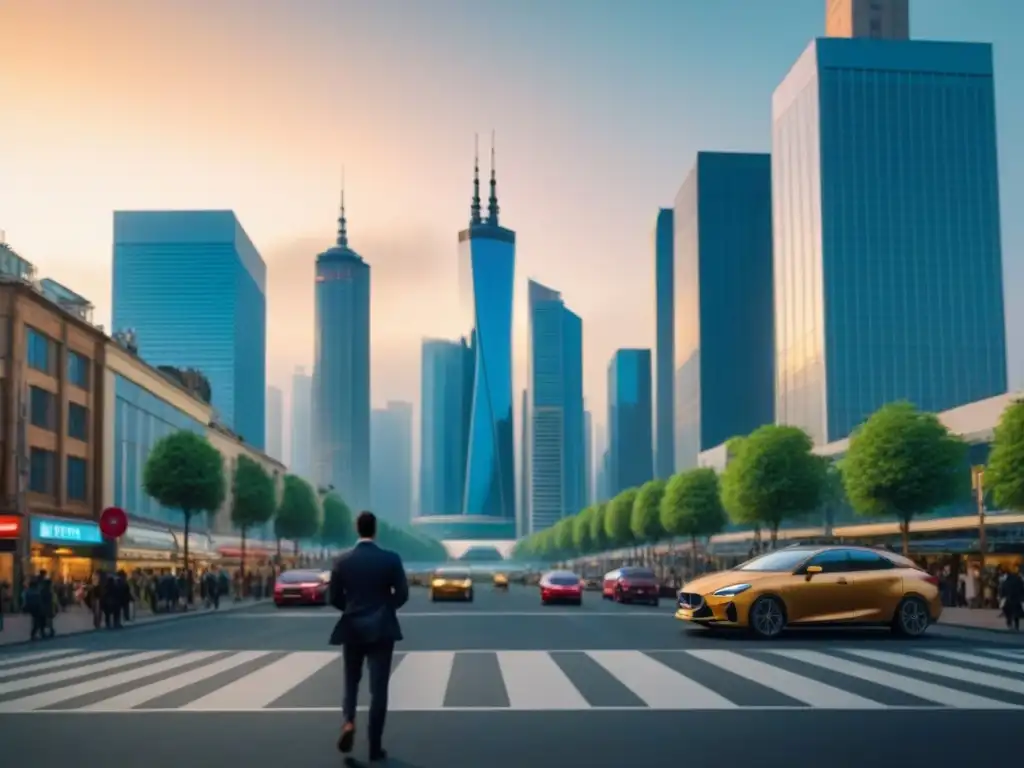 Metrópolis en crecimiento al atardecer: reflejo de progreso y oportunidad Un vibrante paisaje urbano al atardecer, reflejando rascacielos modernos y bulliciosas calles llenas de diversidad