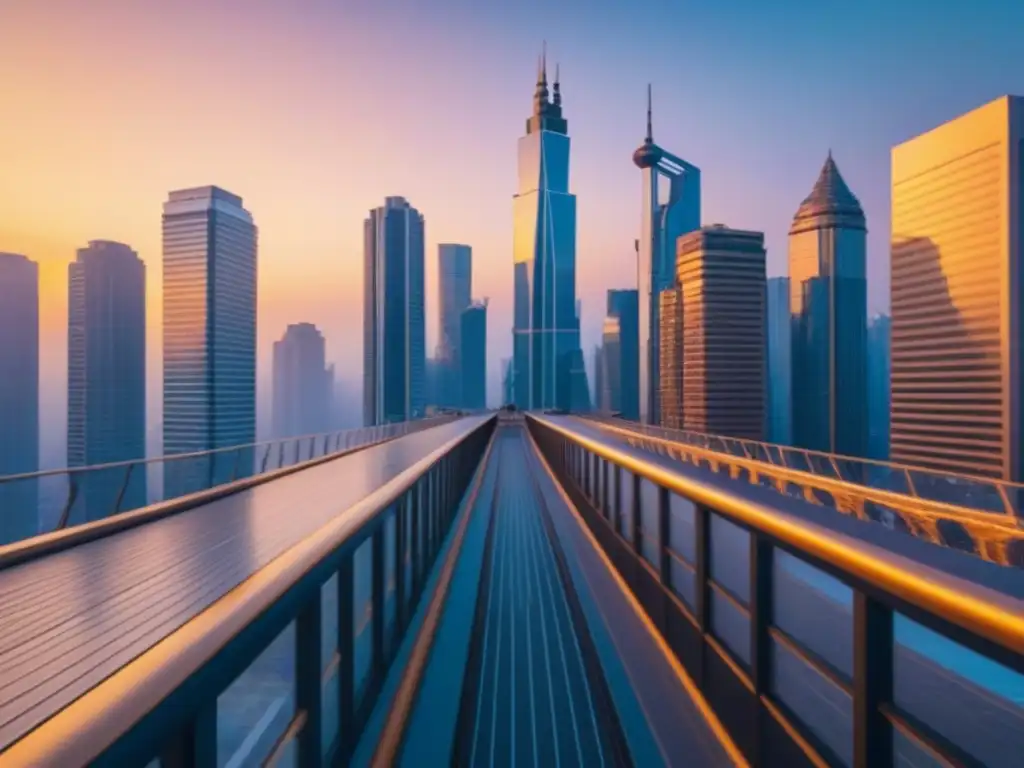 Horizonte urbano vibrante al atardecer: inversión en el mercado inmobiliario postpandemia Un vibrante paisaje urbano al atardecer, reflejando rascacielos modernos con diseños arquitectónicos elegantes, en tonos dorados del sol