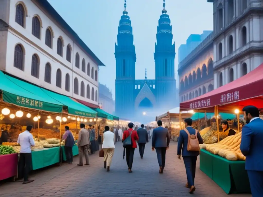 Contraste urbano: mercado tradicional y rascacielos modernos al atardecer Un vibrante paisaje urbano al atardecer con turismo cultural, mercado inmobiliario internacional y mezcla de arquitectura antigua y moderna