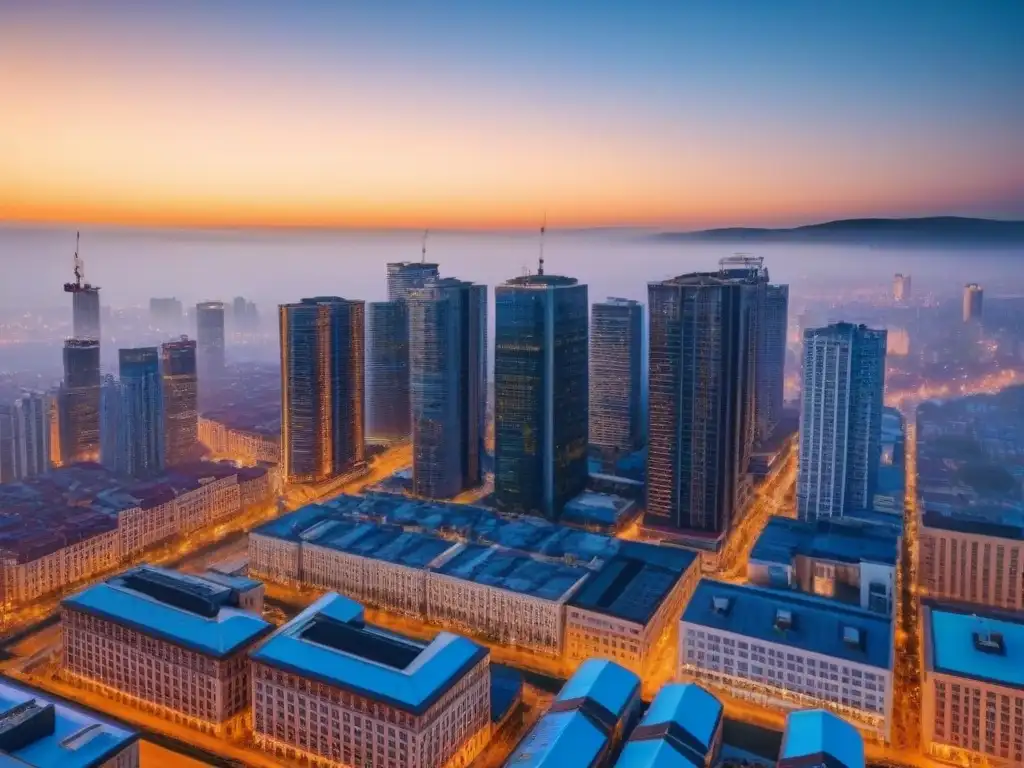Metrópolis en crecimiento: luces, historia y modernidad Un vibrante paisaje urbano al atardecer, con edificios históricos y rascacielos modernos iluminados por luces de la ciudad
