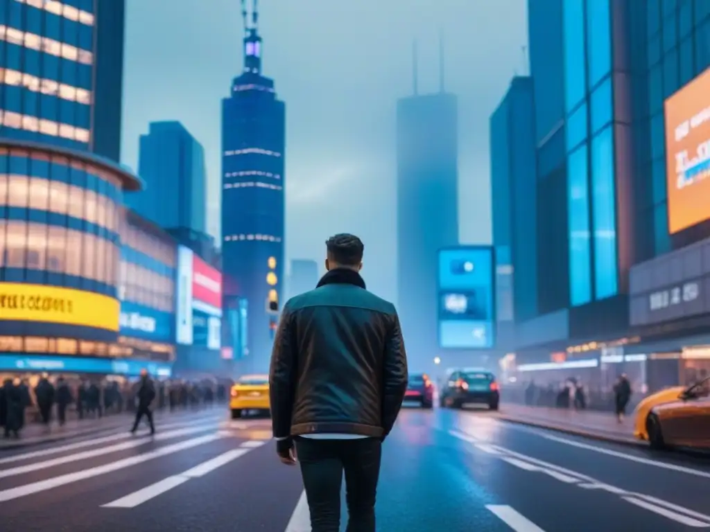 Horizonte urbano postBrexit: luces, diversidad y dinamismo Un vibrante paisaje urbano al atardecer con un bullicioso distrito comercial, iluminado por luces vibrantes y calles llenas de gente diversa caminando y autos circulando, representando la resiliencia del sector inmobiliario comercial postBrexit
