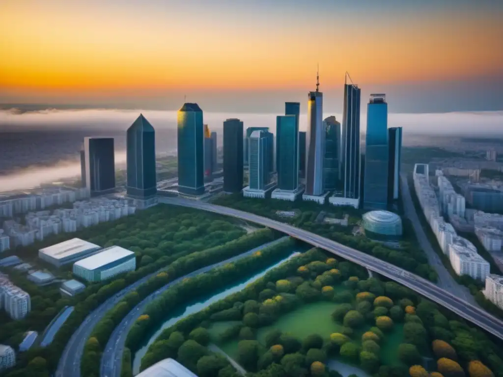 Horizonte urbano al atardecer: Ética y progreso inigualables Un vibrante paisaje urbano al atardecer, reflejando la ética en mercado inmobiliario internacional