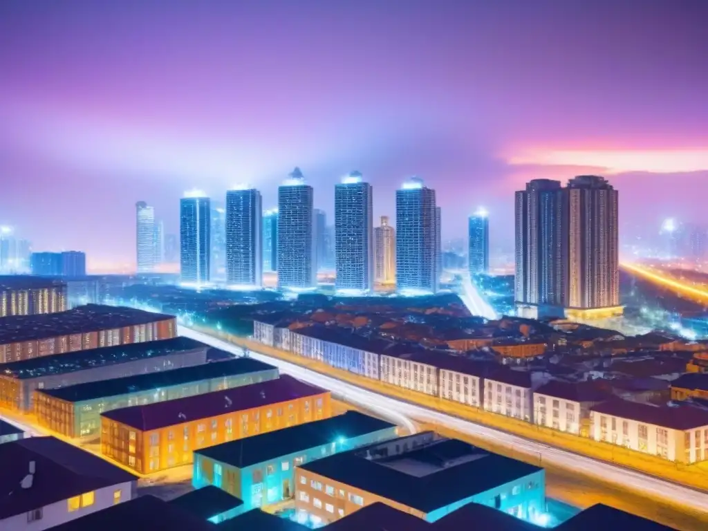 Reunión de planificación urbana: ciudad vibrante al anochecer Un vibrante paisaje urbano al atardecer, con edificios modernos iluminados y una reunión de planificación urbana participativa