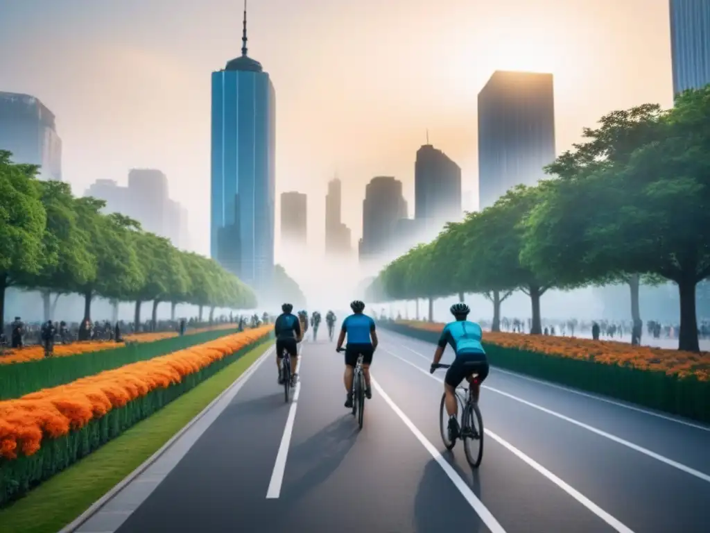 Metrópolis vibrante en atardecer: renacimiento urbano sostenible Un vibrante paisaje urbano al atardecer con rascacielos modernos reflejando los cálidos tonos del sol, rodeado de parques verdes y calles bulliciosas llenas de diversas personas realizando diversas actividades como ciclismo, footing y disfrutando de cafeterías al aire libre