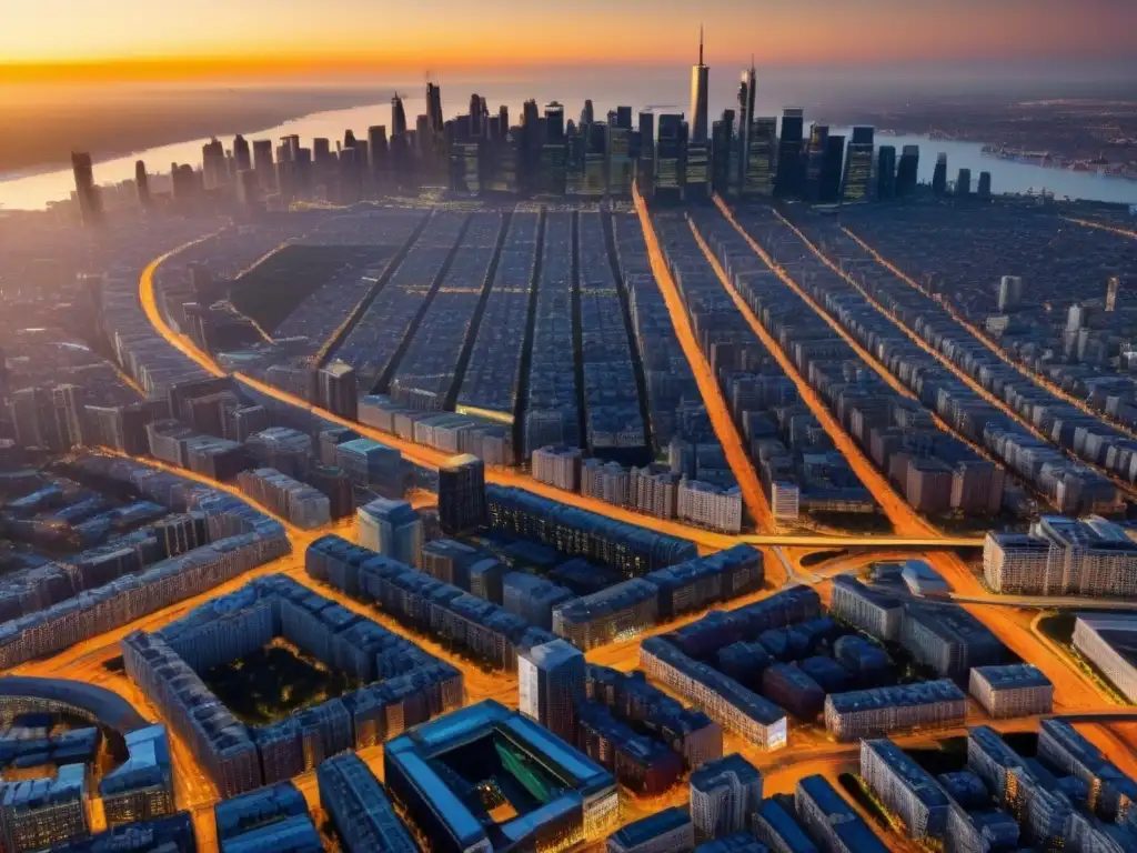 Metrópolis vibrante al atardecer: arquitectura diversa y red de transporte Un vibrante paisaje urbano al atardecer con rascacielos y una red de carreteras, destacando estrategias anticíclicas mercado inmobiliario