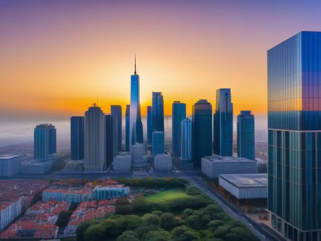 Contrastes urbanos: evolución del mercado inmobiliario al atardecer Un vibrante paisaje urbano al atardecer, fusionando rascacielos modernos con edificios históricos