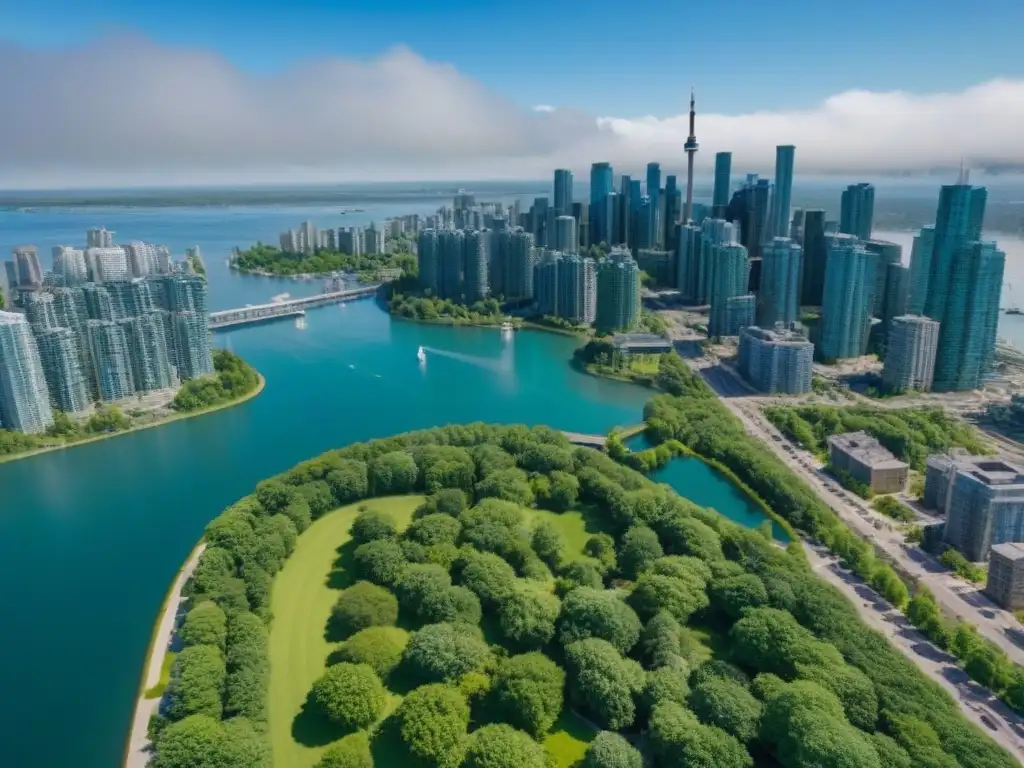 Metrópolis canadiense: vida urbana vibrante y moderna Un vibrante paisaje urbano canadiense con rascacielos modernos y parques verdes, reflejando el ajetreo de la vida urbana