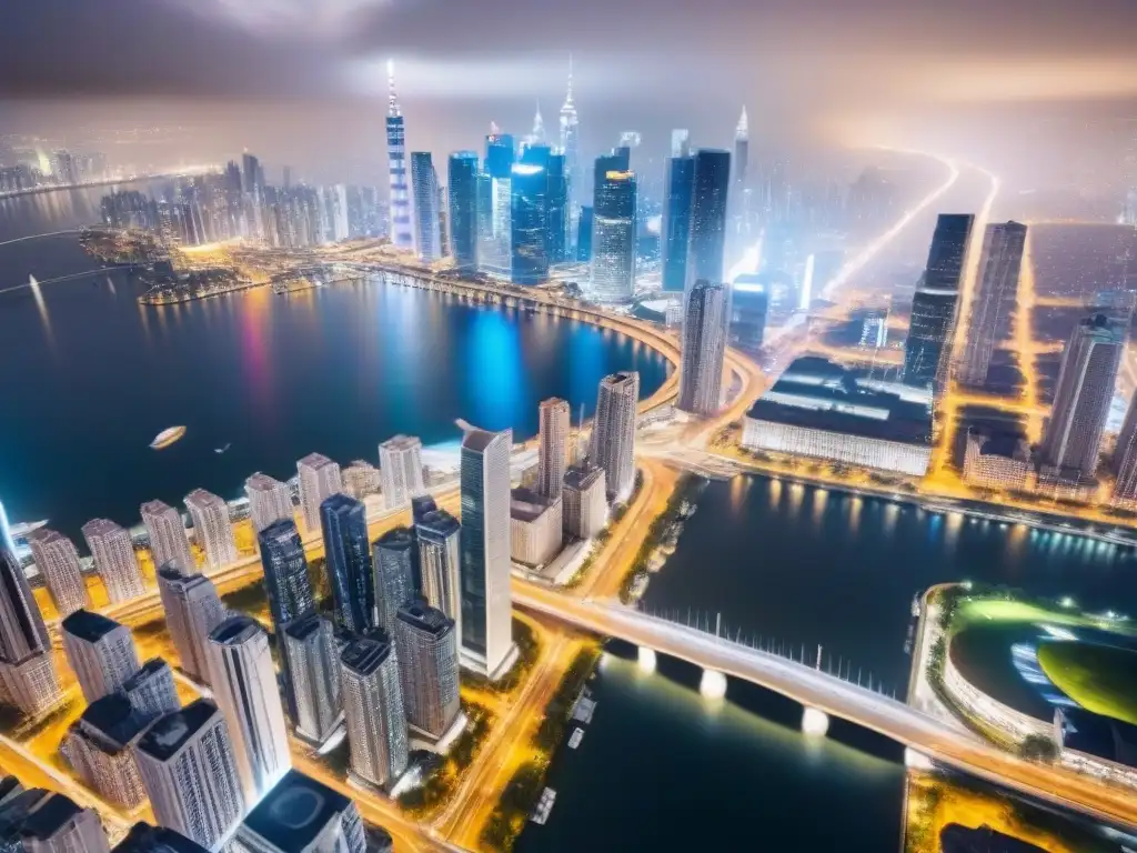 Espectacular metrópolis nocturna: luces y rascacielos Un vibrante paisaje urbano de una ciudad iluminada de noche, reflejada en un río, ideal para inversión inmobiliaria en ciudades globales