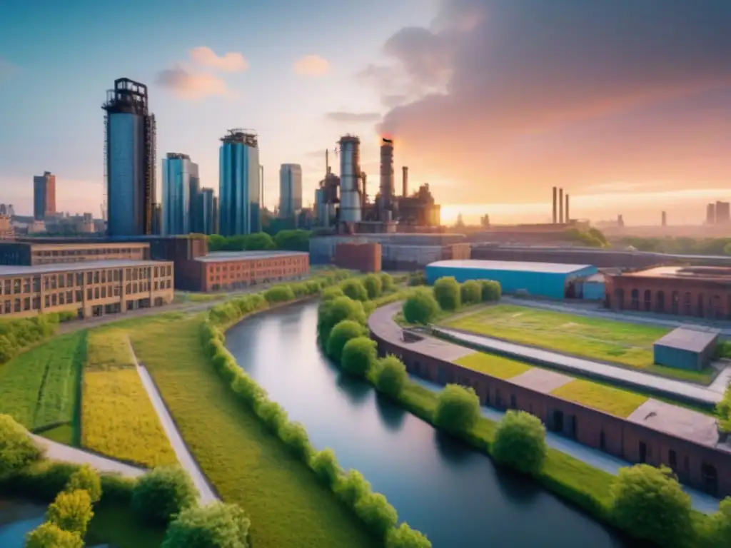 Renovación urbana al atardecer: fábricas abandonadas y rascacielos modernos en armonía Un vibrante paisaje urbano de una ciudad postindustrial al atardecer, con antiguas fábricas abandonadas y modernos rascacielos