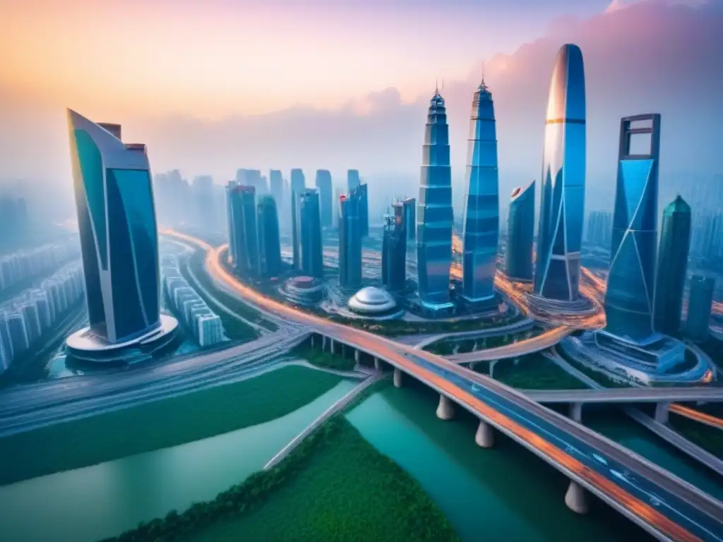 Vista aérea impactante de ciudad moderna en la Ruta de la Seda Un vibrante paisaje urbano del corredor del Mercado Inmobiliario Internacional, con modernos rascacielos y bulliciosas calles