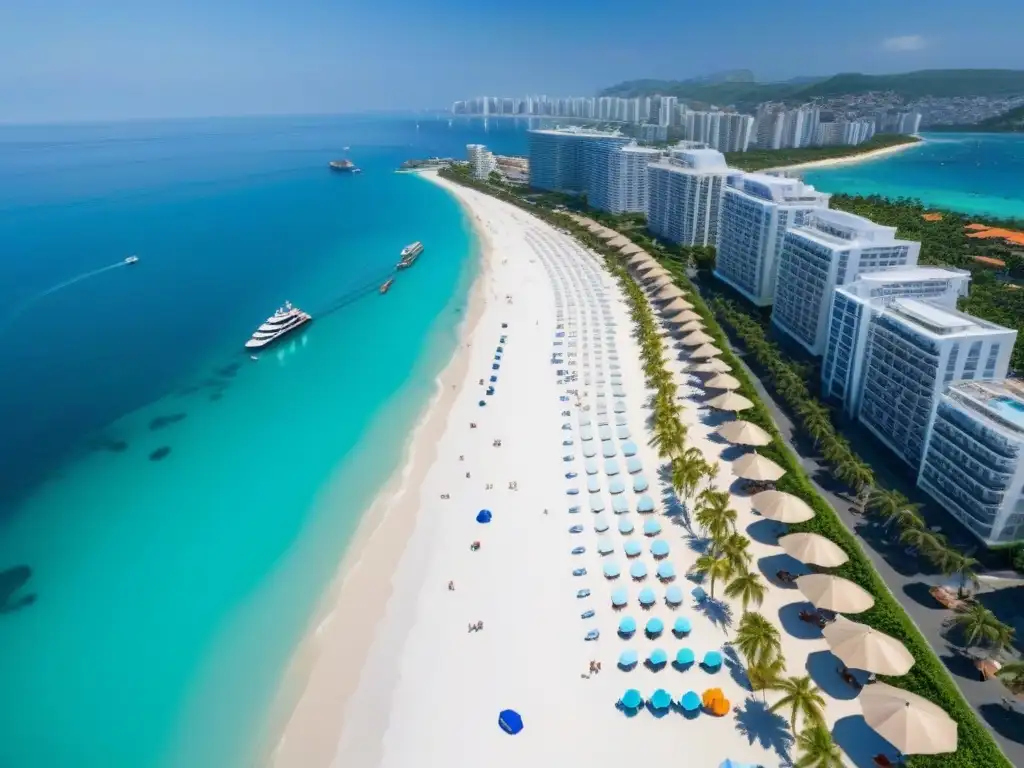 Ciudad costera vibrante: modernidad y relax junto al mar Un vibrante paisaje urbano costero con rascacielos, playas y turismo, representando el turismo como motor inmobiliario internacional