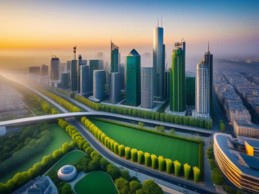 Metrópolis moderna fusiona arquitectura innovadora al atardecer Un vibrante paisaje urbano con desarrollos inmobiliarios integrados en el mercado, bajo la cálida luz del atardecer