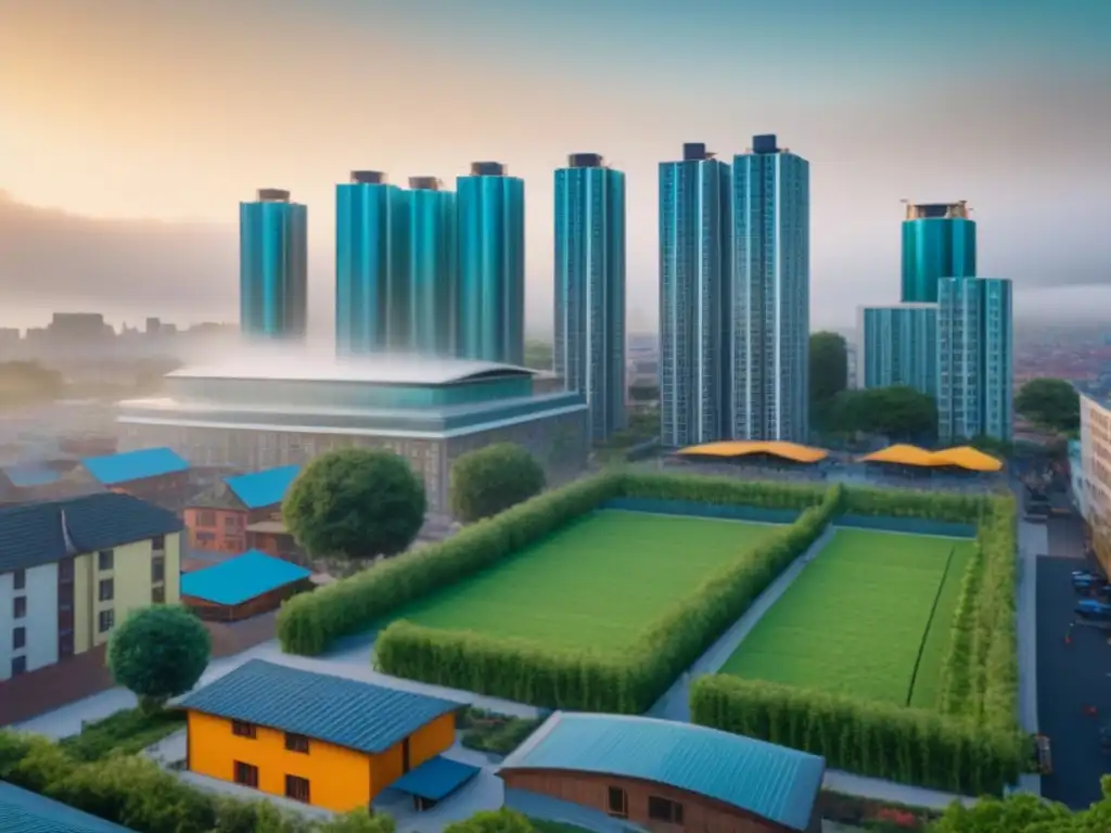Comunidades vibrantes: viviendas asequibles y diversidad en la ciudad Un vibrante paisaje urbano con diversidad de vecindarios y espacios verdes, destacando viviendas asequibles