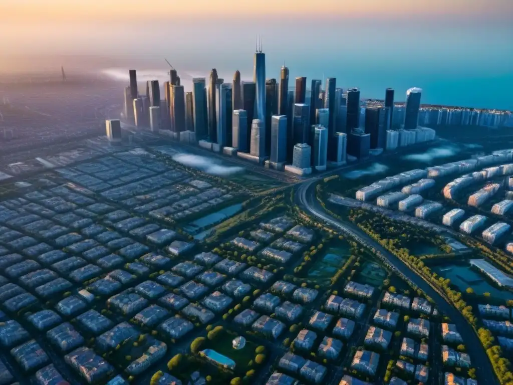 Vista aérea detallada de ciudad vibrante con arquitectura diversa Un vibrante paisaje urbano con diversidad arquitectónica, reflejo del mercado inmobiliario internacional