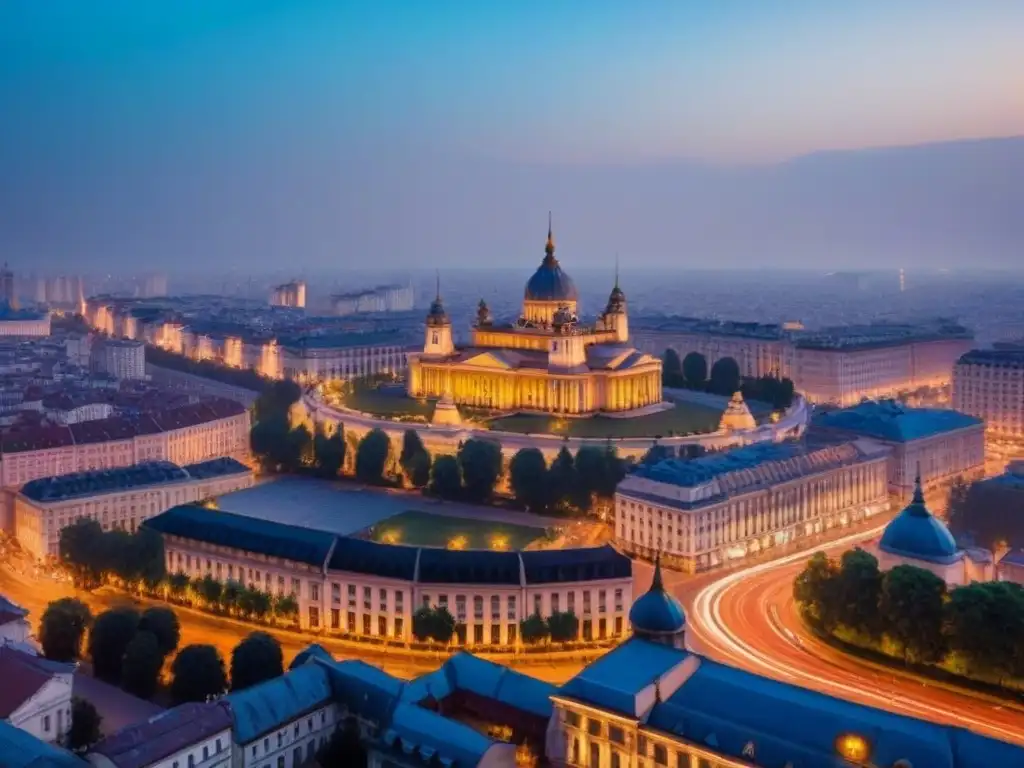 Horizonte vibrante de Bucarest al anochecer: fusión de tradición y modernidad en Europa del Este Vibrante paisaje urbano de Bucarest, Rumanía al anochecer, fusionando economías emergentes Europa Este