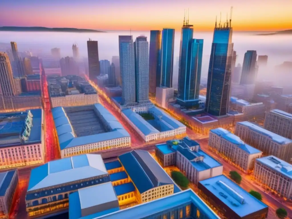 Renovación urbana: mezcla de historia y modernidad en la ciudad Un vibrante paisaje urbano en revitalización, mostrando edificios históricos y modernos en construcción, calles llenas de vida