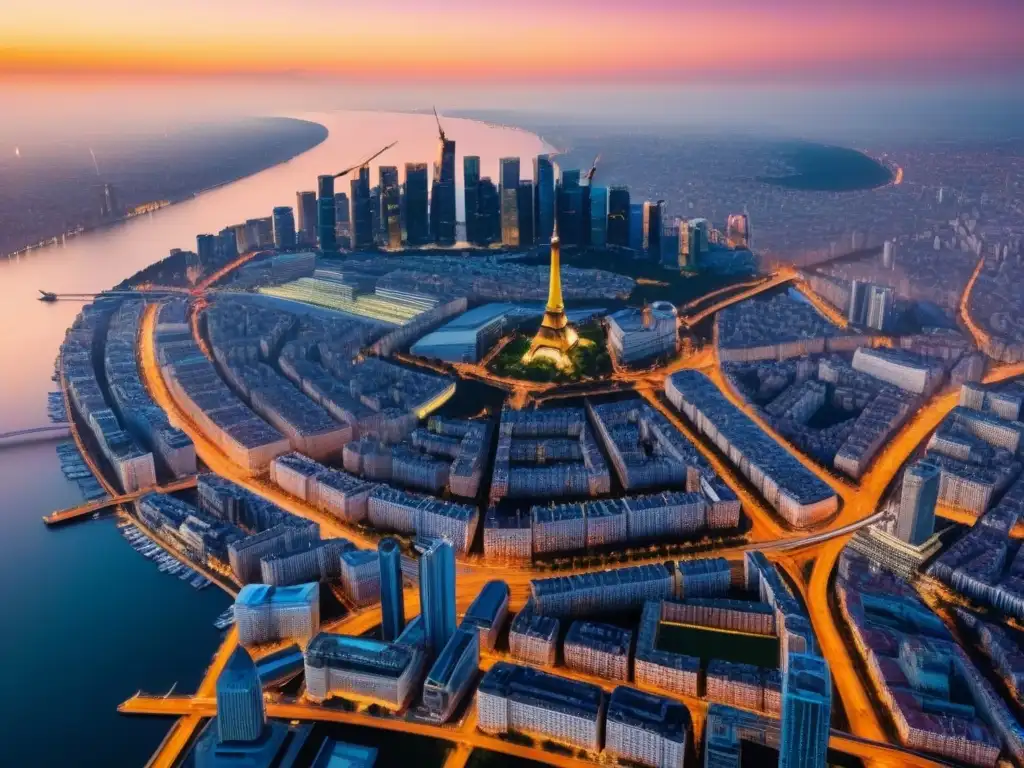 Horizonte urbano moderno al atardecer en una ciudad europea Un vibrante paisaje urbano europeo al atardecer, reflejando la innovación arquitectónica y la prosperidad económica