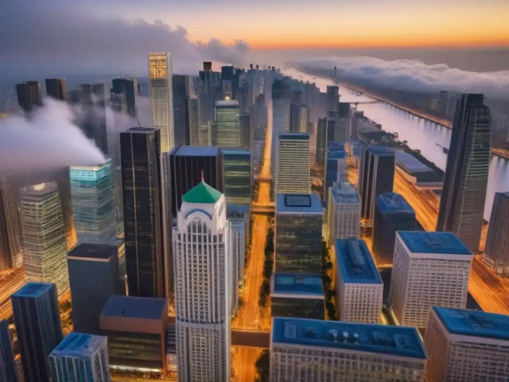 Fusión cultural: M&A inmobiliario internacional Un vibrante paisaje urbano al anochecer, reflejando la fusión de culturas en M&A inmobiliario internacional