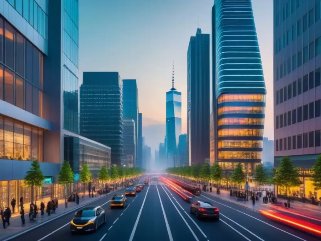 Metrópolis sostenible: luces y vida en la ciudad moderna Un vibrante paisaje urbano al anochecer, fusiones inmobiliarias y desarrollo sostenible