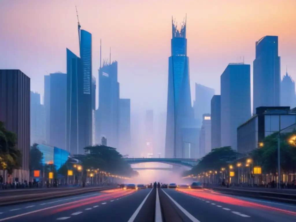 Metrópolis al atardecer: mercado inmobiliario global en movimiento Un vibrante paisaje urbano al anochecer, fusiones en mercado inmobiliario internacional