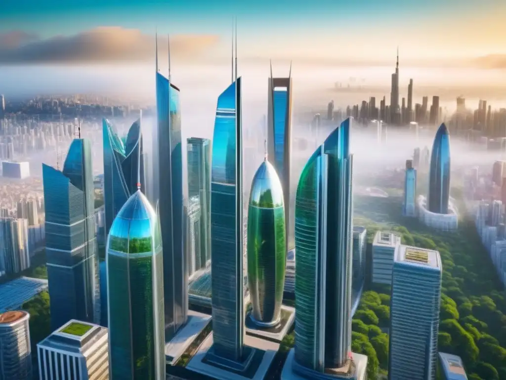 Metrópolis futurista: oportunidades en el mercado inmobiliario global Un vibrante paisaje urbano futurista con rascacielos, reflejando la energía de una metrópolis moderna