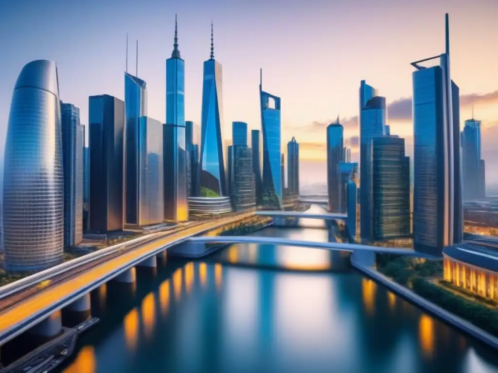 Metrópolis futurista: tecnología avanzada y diversidad urbana en 8k Un vibrante paisaje urbano futurista con rascacielos de alta tecnología conectados por puentes, reflejando tendencias demográficas en REITs