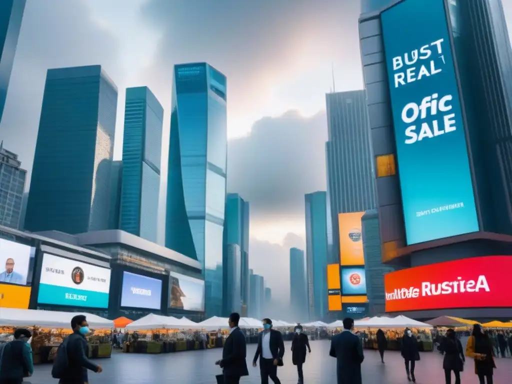 Metrópolis futurista: mercado urbano y rascacielos ecofriendly Un vibrante paisaje urbano futurista con estrategias de ventas en el mercado inmobiliario