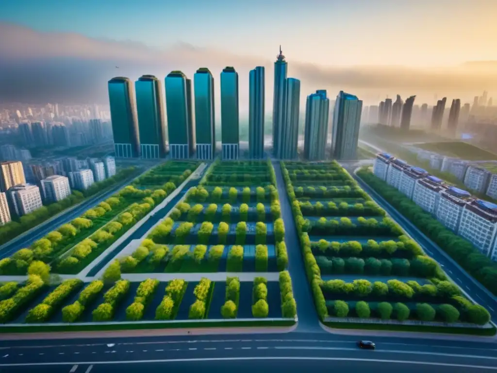 Metrópolis futurista: majestuosidad urbana y naturaleza Un vibrante paisaje urbano futurista con rascacielos, vegetación exuberante y un atardecer cálido